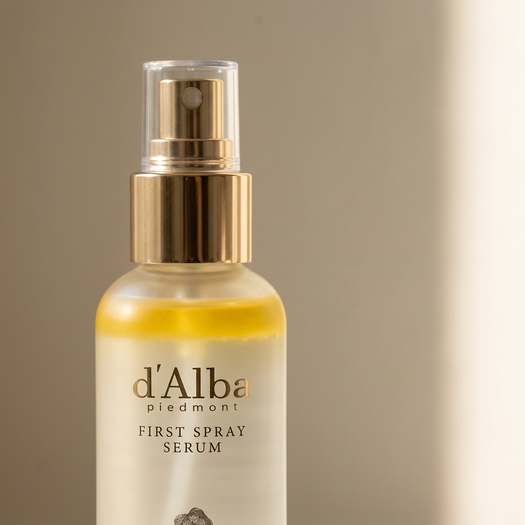 Detalle del nombre First Spray Serum y su pulverizador dorado con tapa transparente.