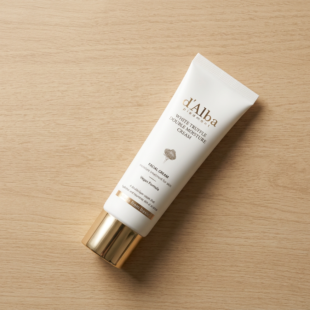 Double Moisture Cream en tubo blanco cerrado con tapón dorado.