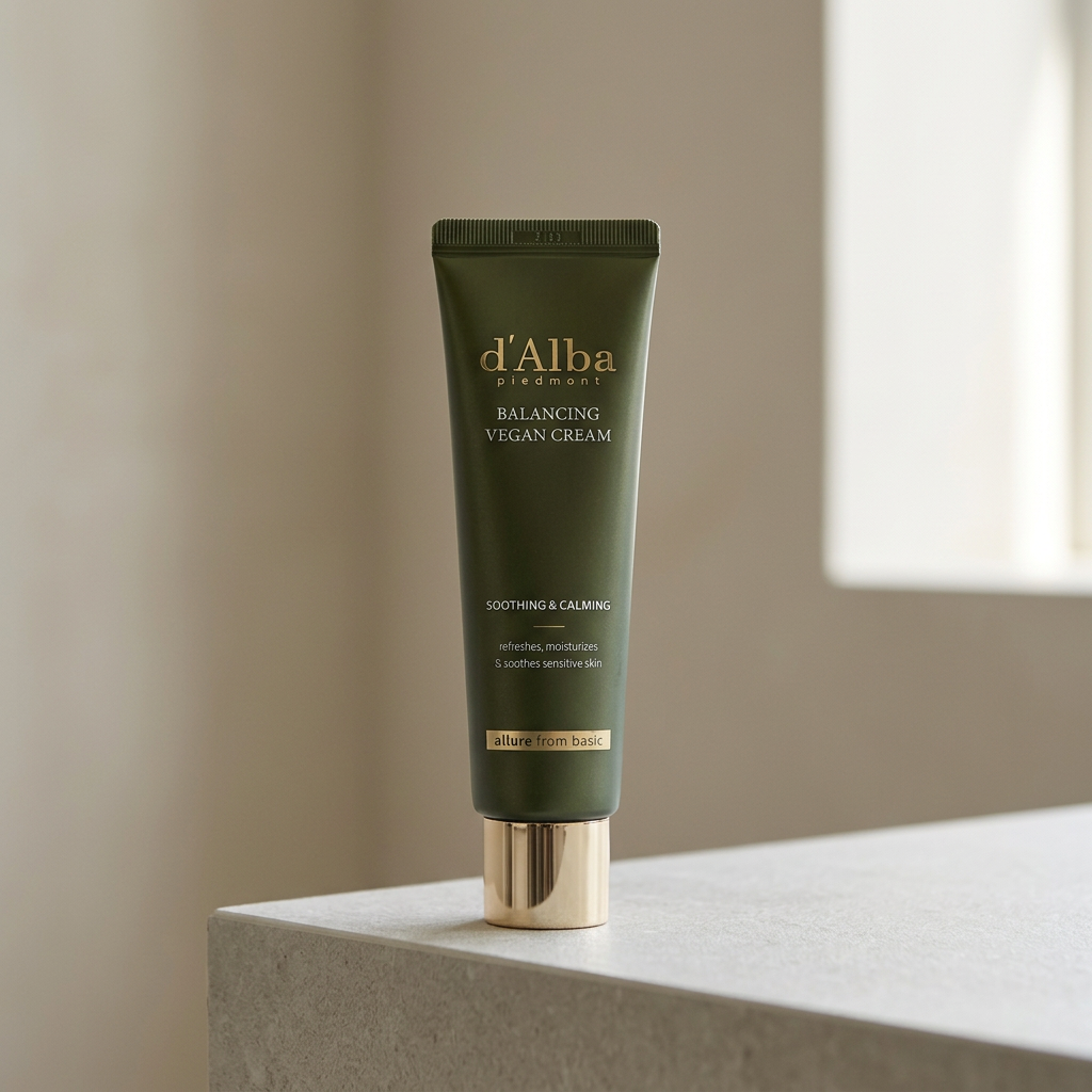 Tubo verde oscuro de Mild Skin Balancing Vegan Cream con tapón dorado.