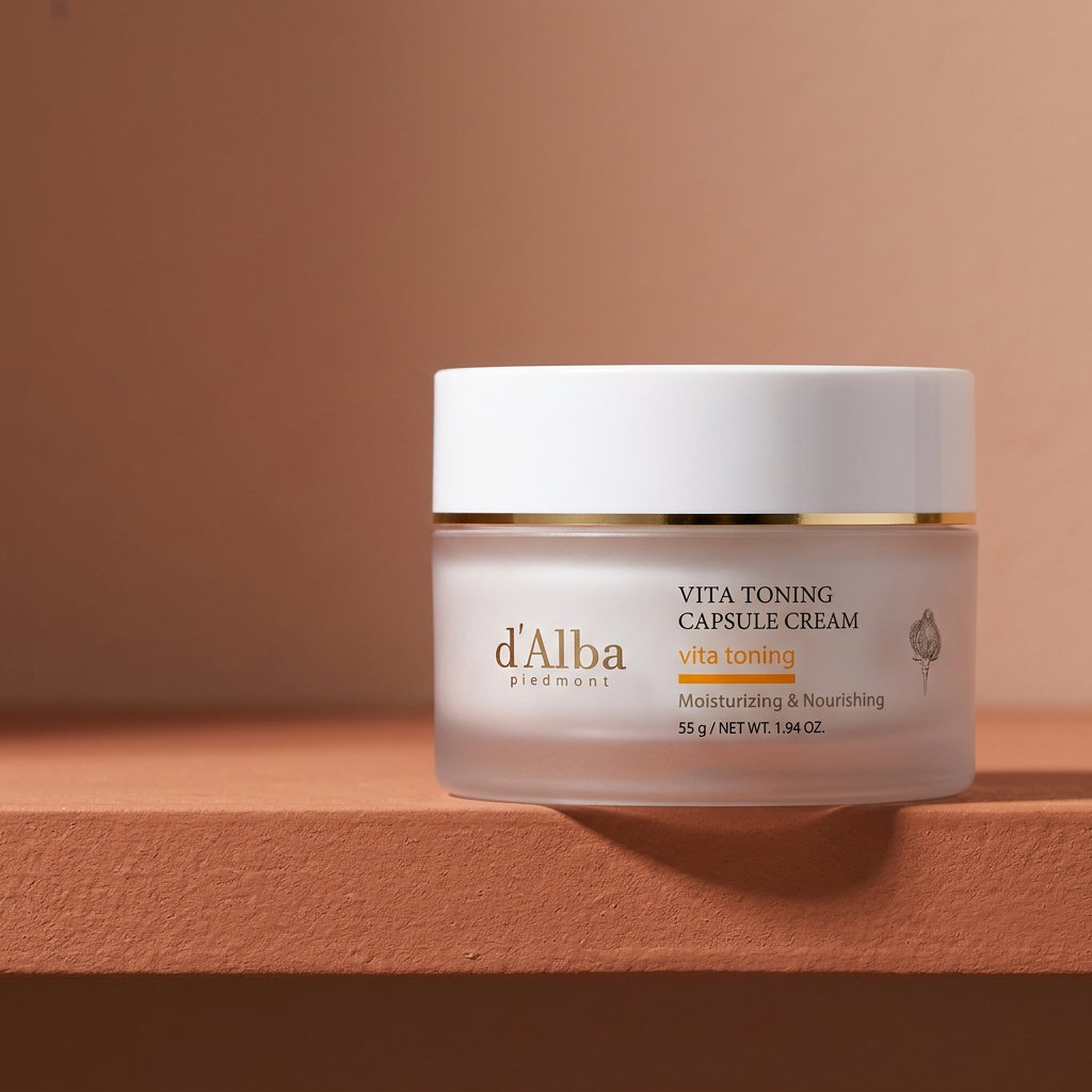 Tarro cerrado de Vita Toning Capsule Cream con tapa blanca y borde dorado.